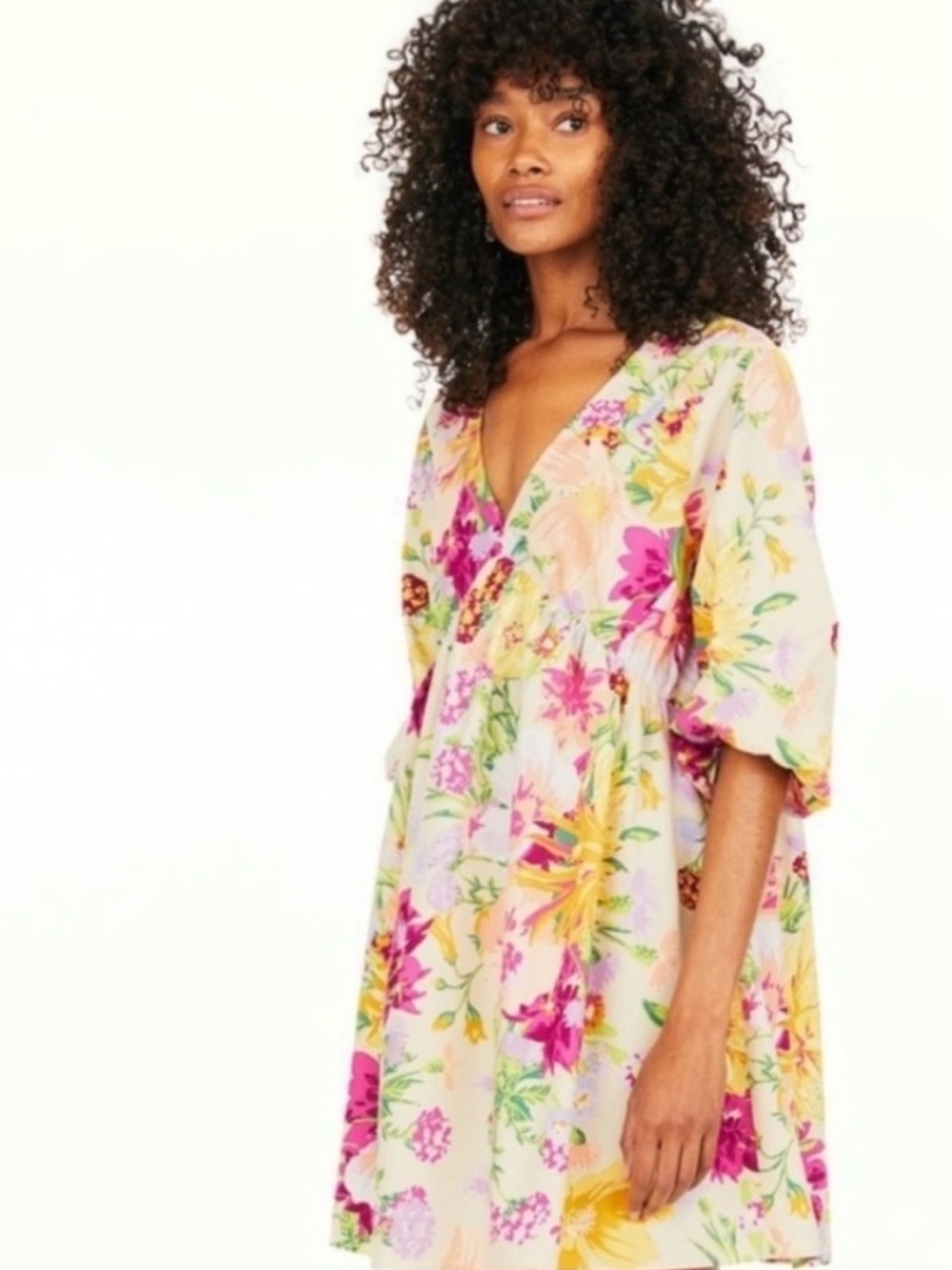 H&M Floral Empire‎ Waist Mini Dress Medium | Deep V Neck & Back | Balloon Sleeve